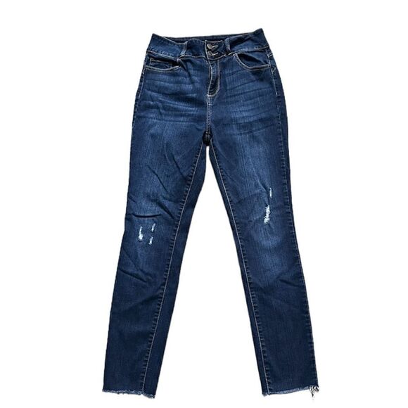Cello High Rise Skinny Jeans Frayed Hem Lightly Distressed Size 9 Dark Blue - Picture 1 of 12